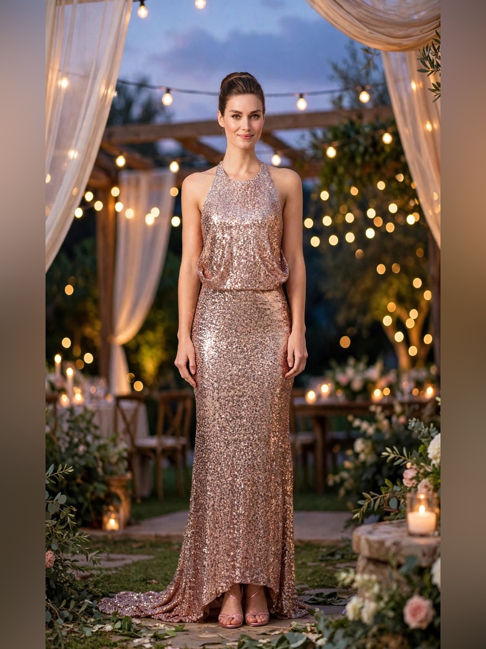 Badgley Mischka Sequin Blush Maria Halter Gown size 12.